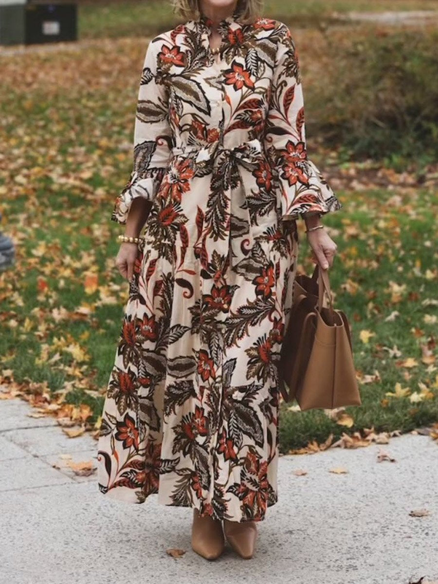 Ruffle Mock Neck Long Sleeve Floral Print Belted Midi A-Line Dress