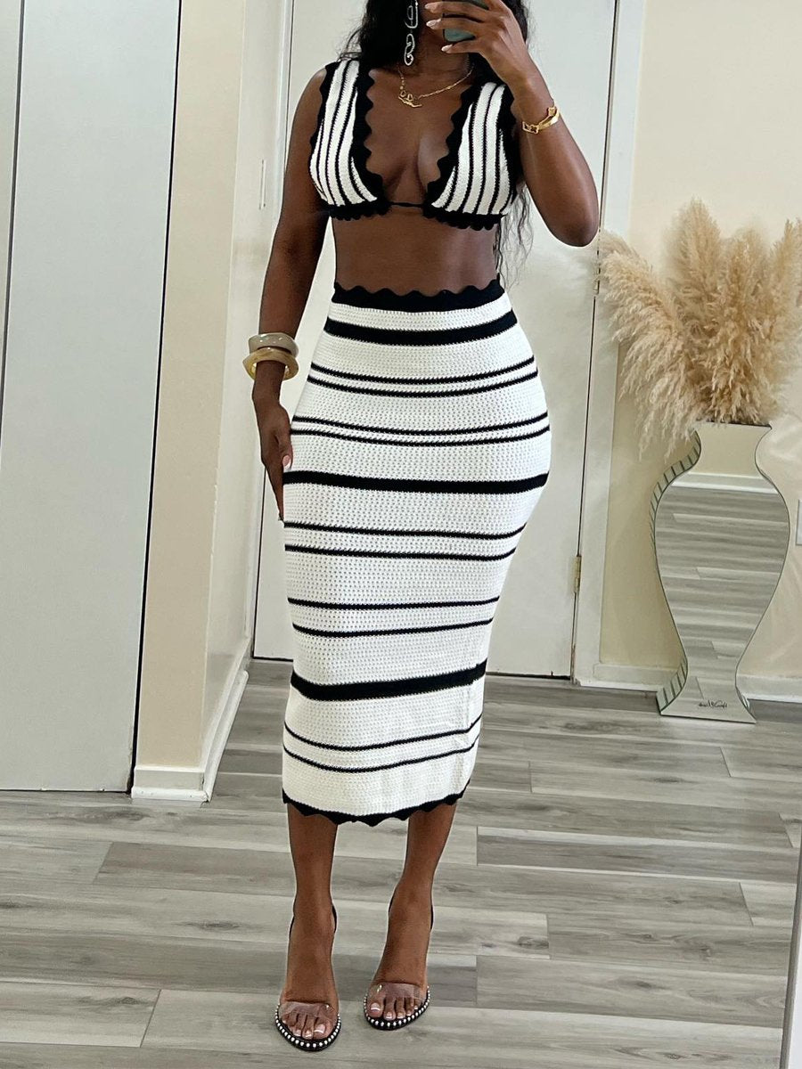 Deep V Neck Ruffled Knit 2-Piece Skirt Set