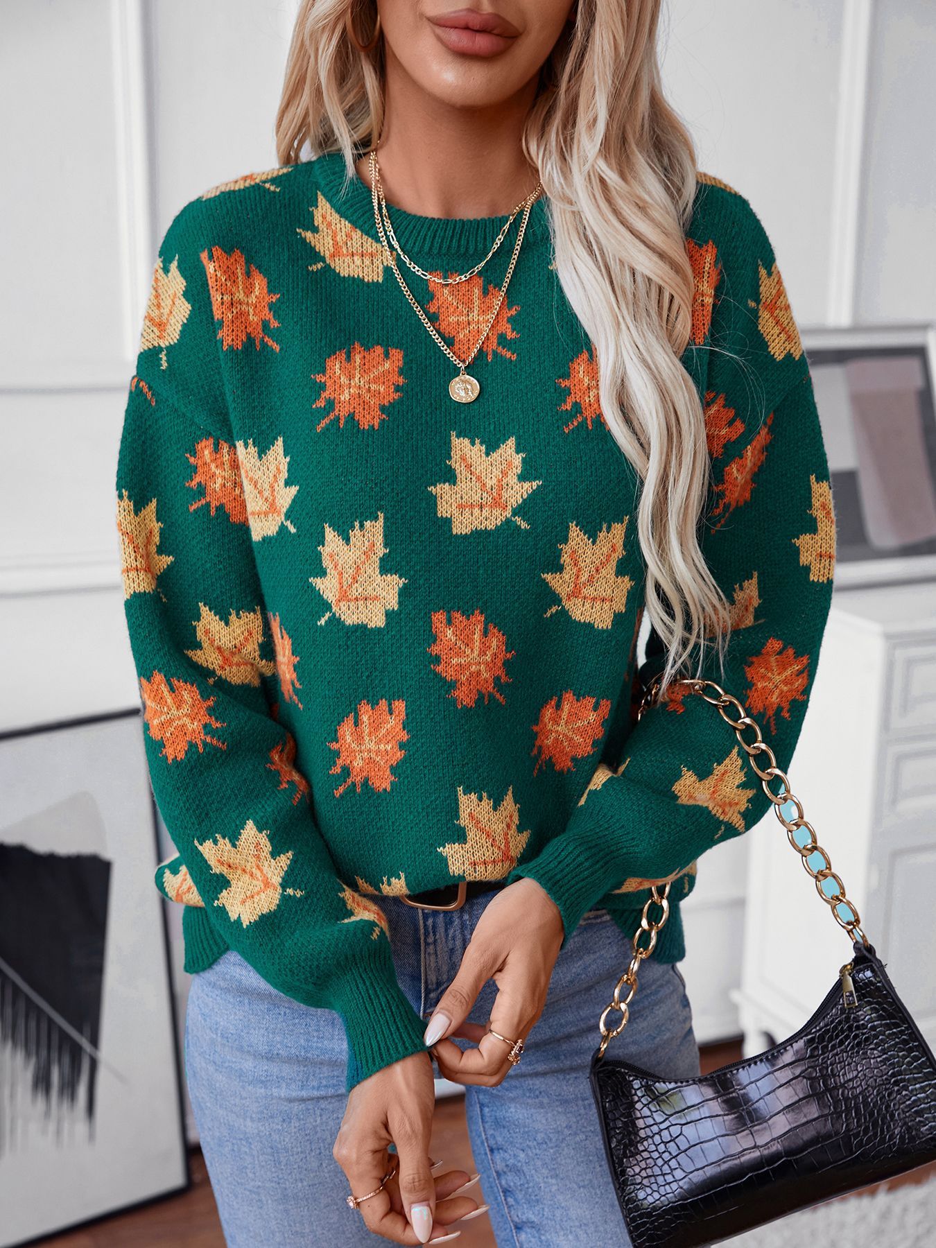 Maple Leaf Pattern Casual Knit Sweater