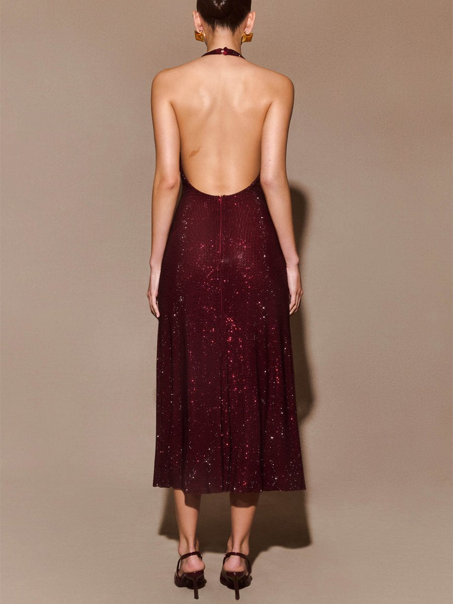 Shinny Halter Neck Backless Party Dress