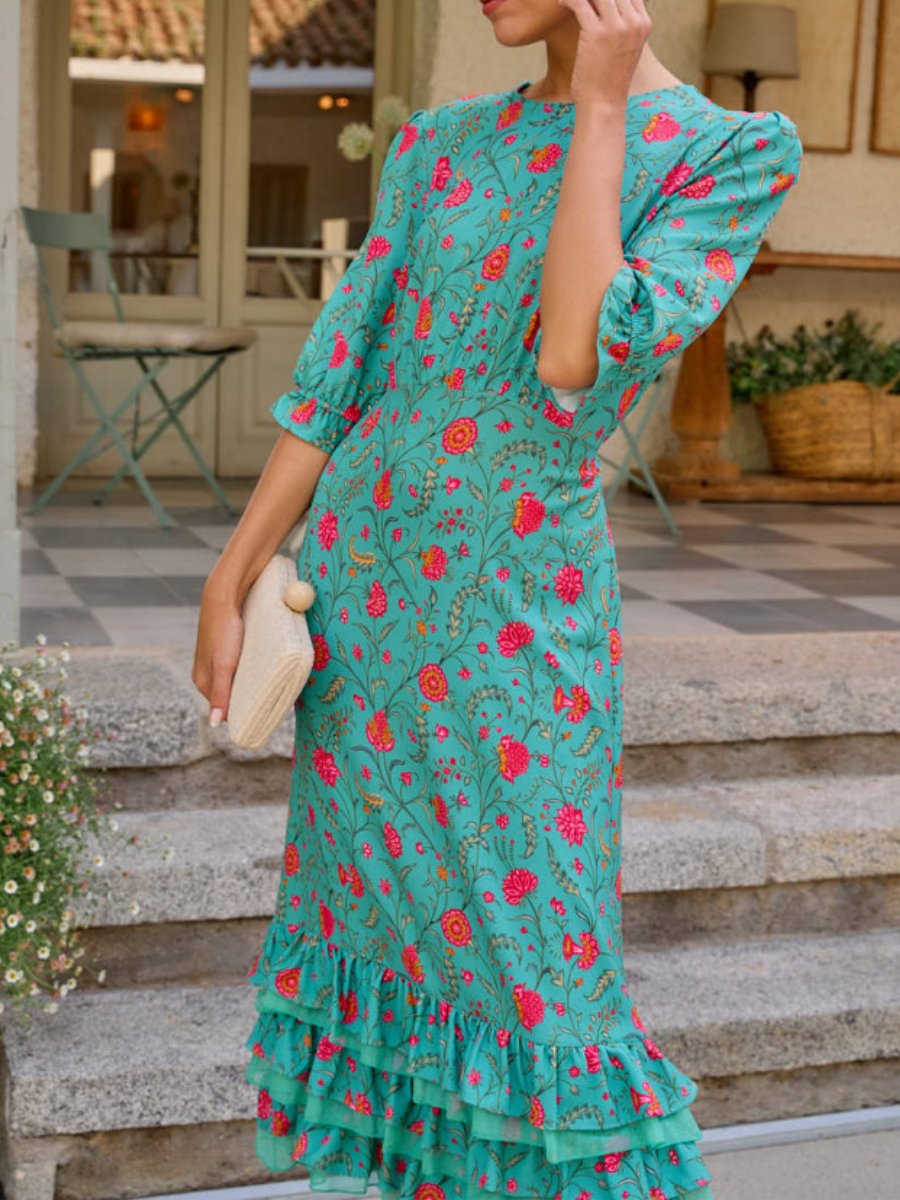 Floral Print In Turquoise Midi Dress