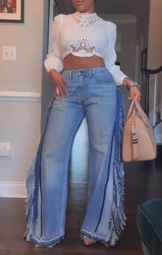 Blue Denim Fringed Destroyed Pants